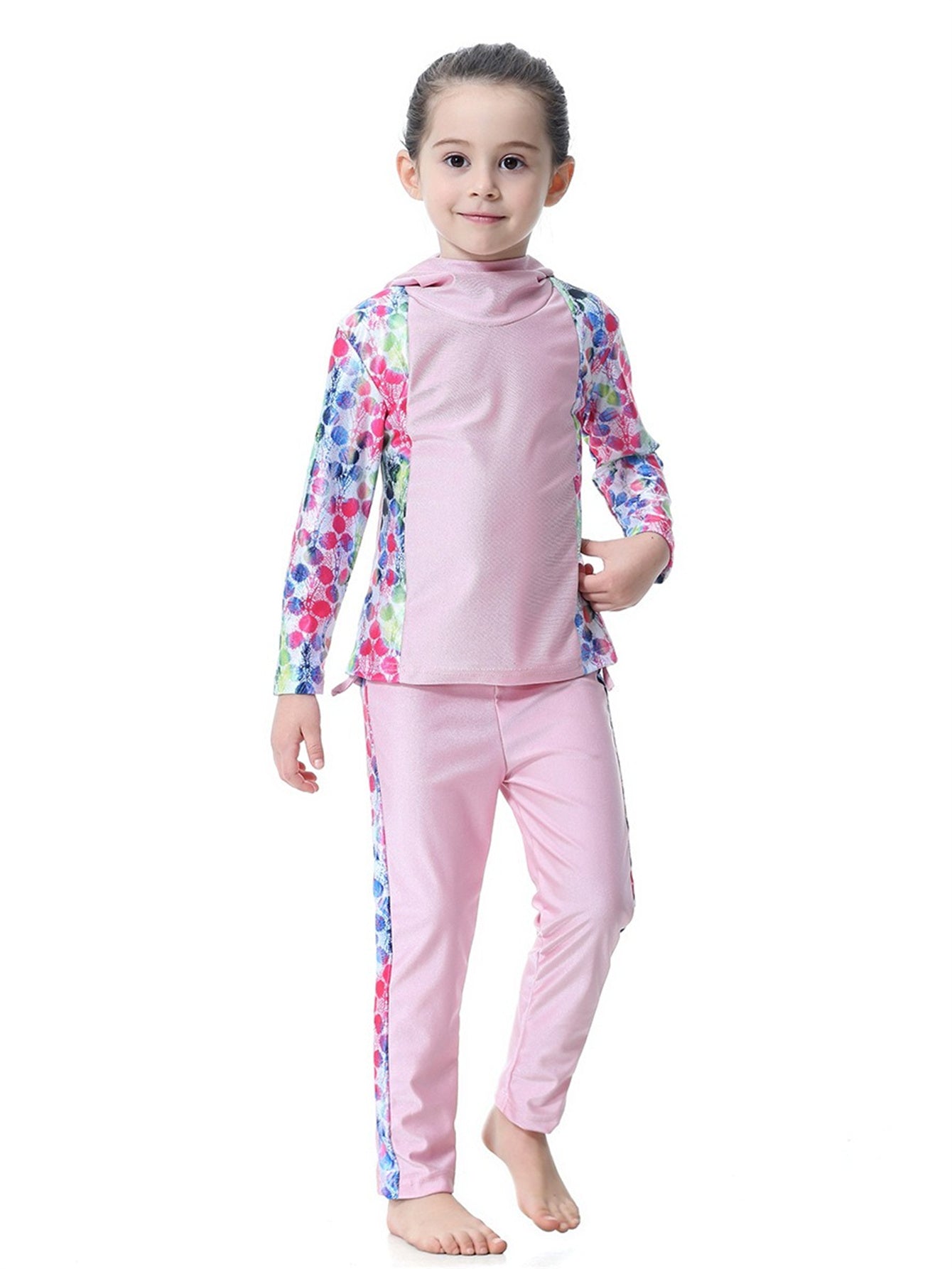 Girls Long Sleeve Splicing Waterproof Hooded Swimsuit Set