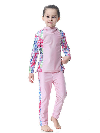 Girls Long Sleeve Splicing Waterproof Hooded Swimsuit Set