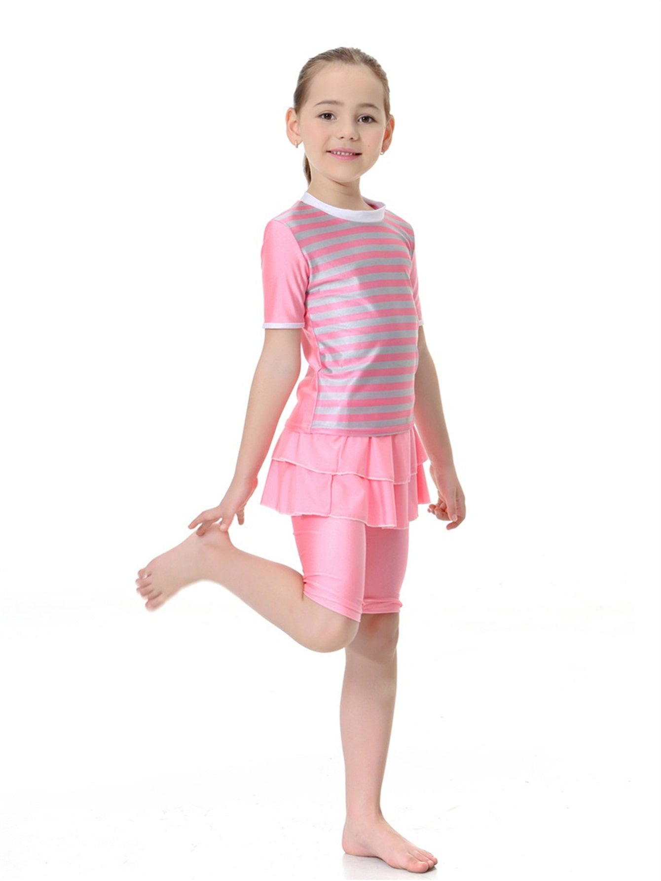 Girls swimsuit conservative split striped round neck short sleeve two-piece swimsuit