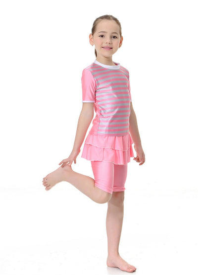 Girls swimsuit conservative split striped round neck short sleeve two-piece swimsuit