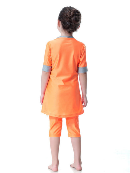 Girls Swimsuit Round Neck Contrast Color Conservative Two-Piece Swimsuit