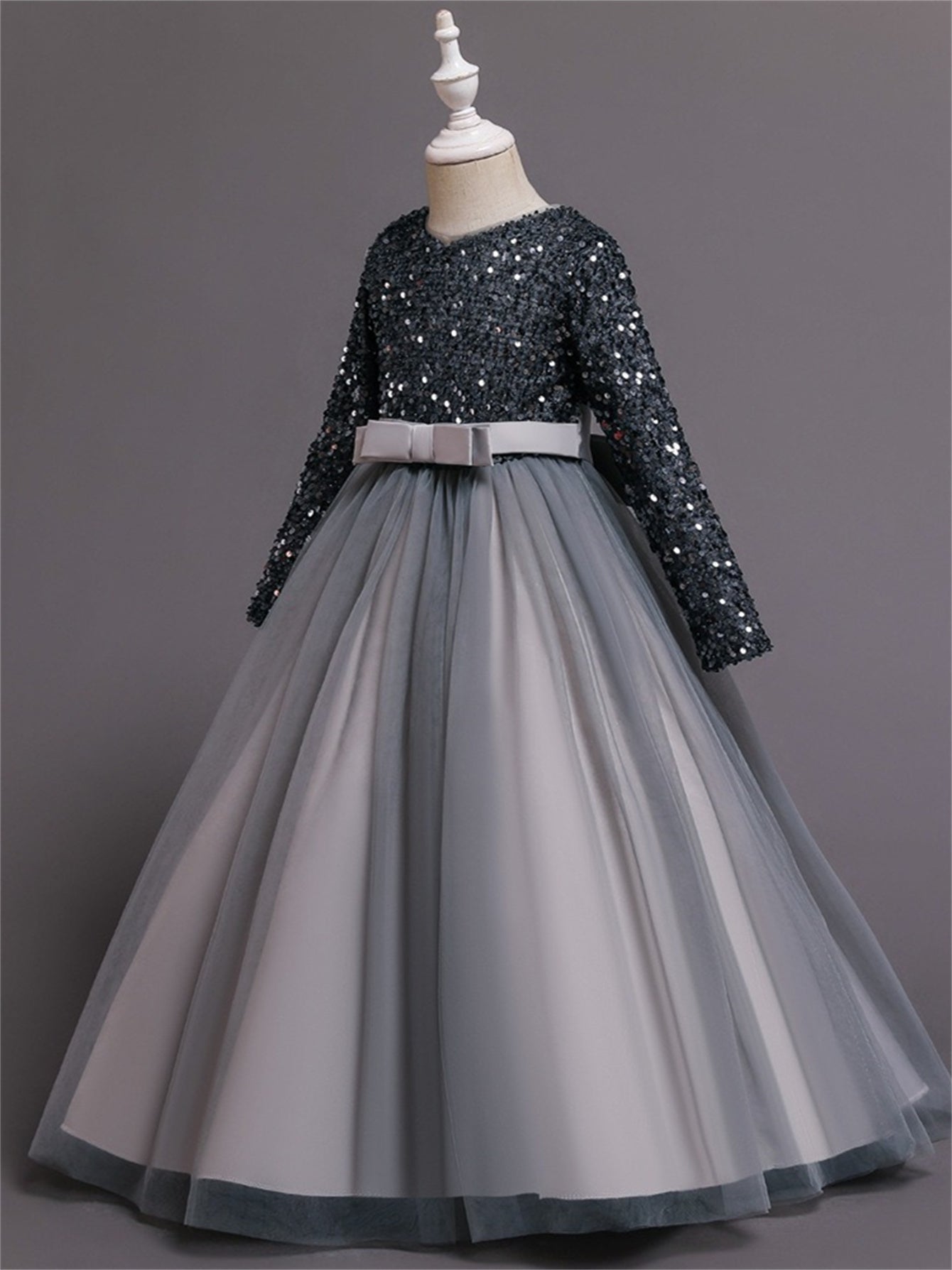 Long dress sequined wedding princess dress small host long sleeve mesh skirt bow dress