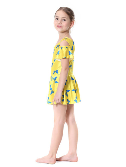 Girls Traditional Conservative Bow Print One-Piece Swimsuit Dress