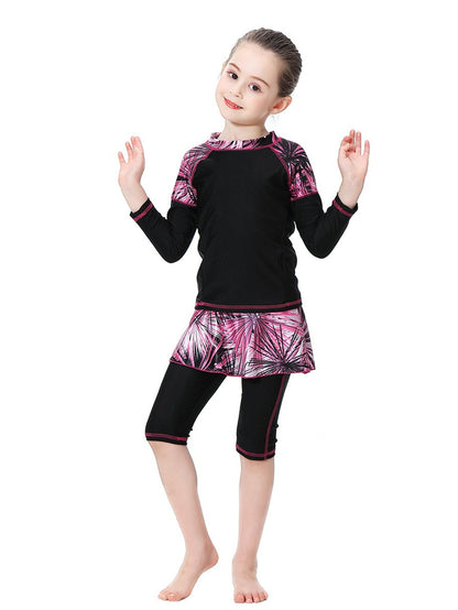 Girls Swimwear Tropical Plant Pattern Conservative Three-Piece Swimsuit
