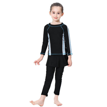 Girls' conservative swimsuit with contrasting colors, long sleeves and long pants, sunscreen two-piece set