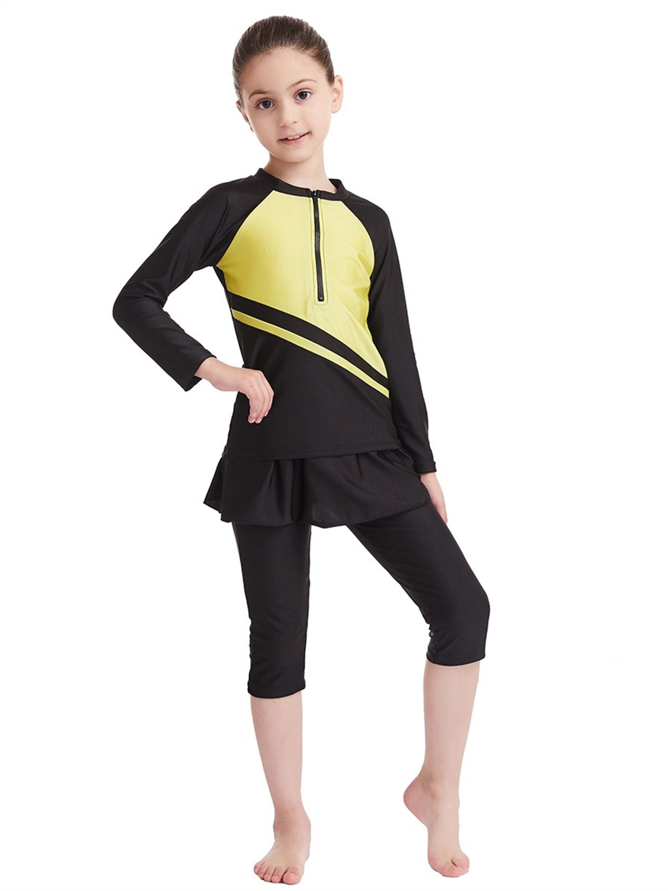 Girls Traditional Conservative Splicing Long Sleeve Swimsuit Set