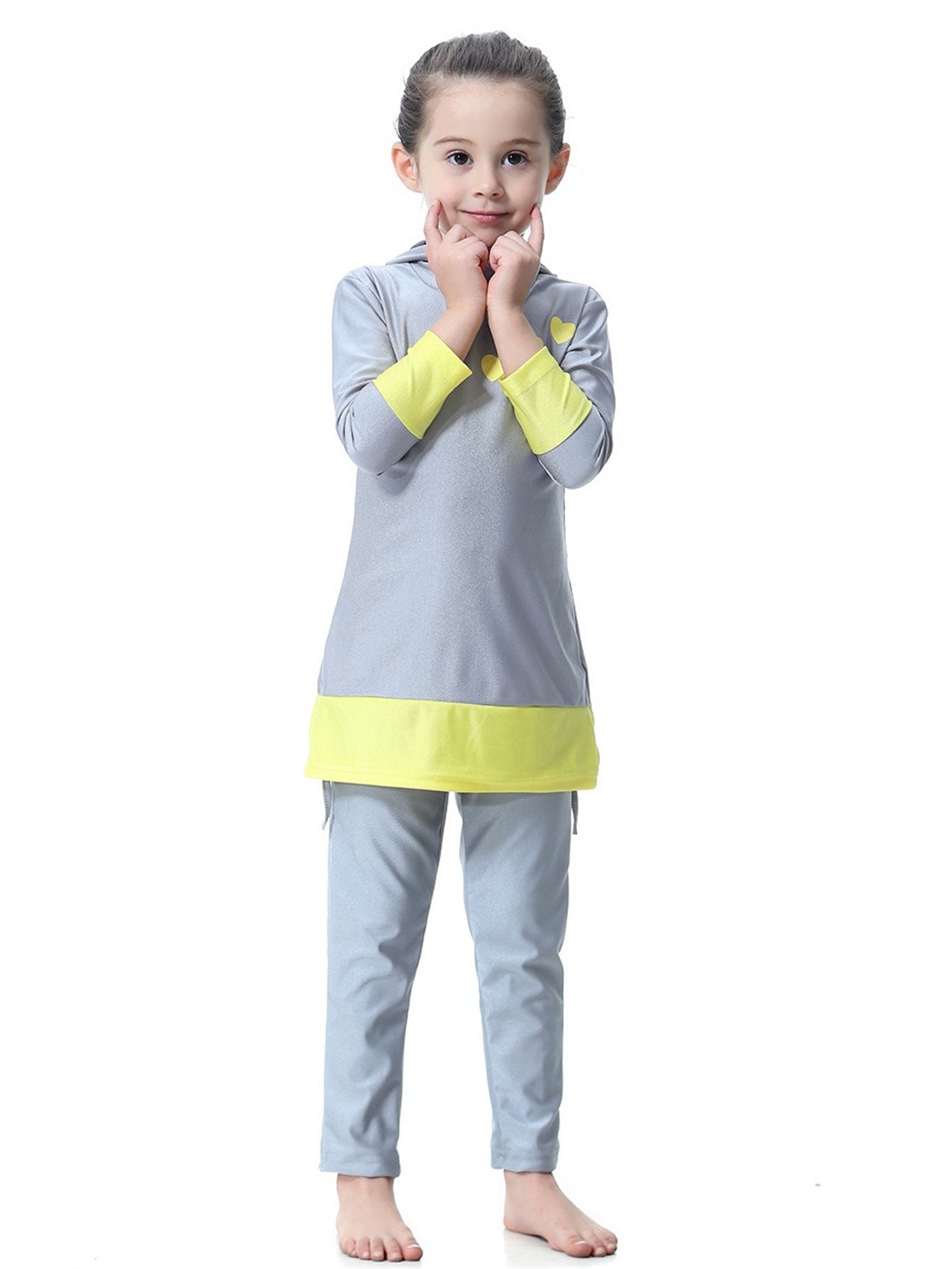 Girls' long-sleeved trousers contrast color heart hooded swimsuit set