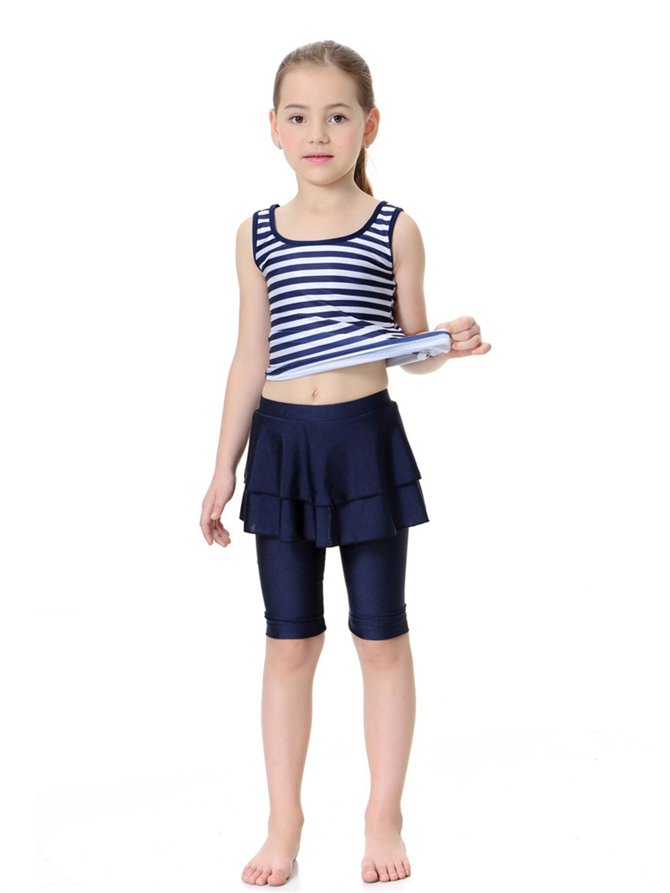 Girls Striped Sleeveless Round Neck Conservative Two-Piece Swimsuit