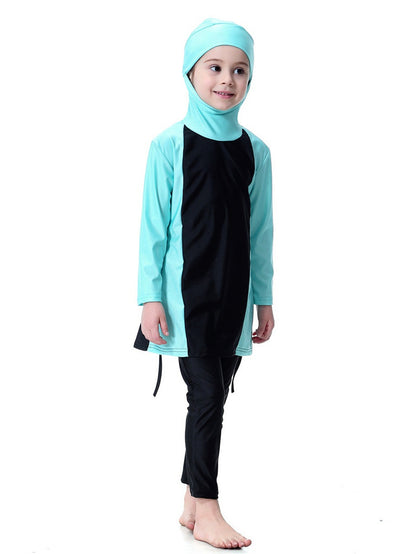 Girls Swimsuit Hooded Contrast Color Long Sleeve Long Pants Sun Protection Swimsuit Set