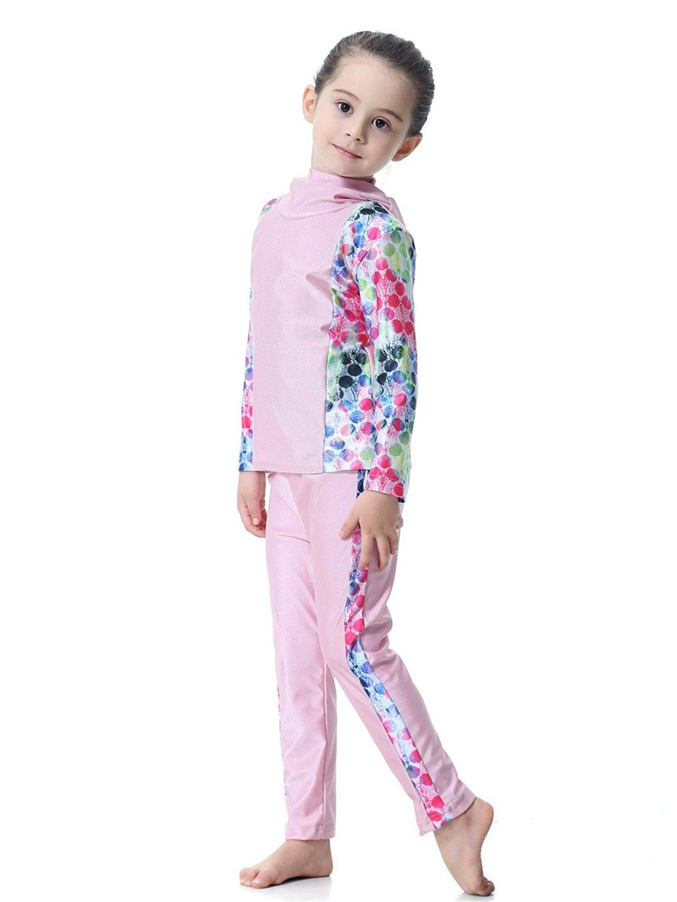 Girls Long Sleeve Splicing Waterproof Hooded Swimsuit Set