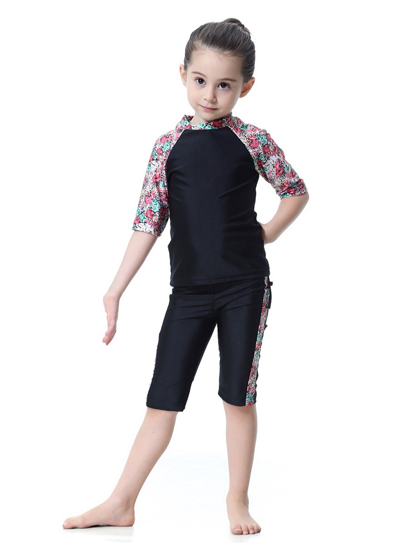 Girls Swimwear 3-piece Swimsuit Flower Pattern Patchwork Design