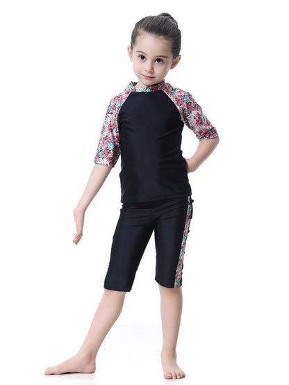 Girls Swimwear 3-piece Swimsuit Flower Pattern Patchwork Design