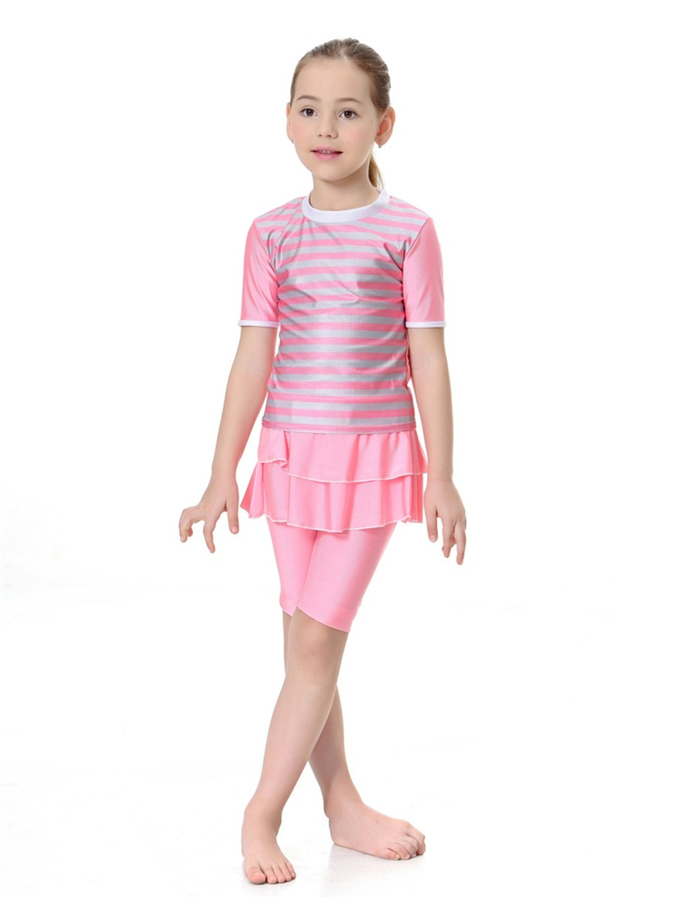 Girls swimsuit conservative split striped round neck short sleeve two-piece swimsuit