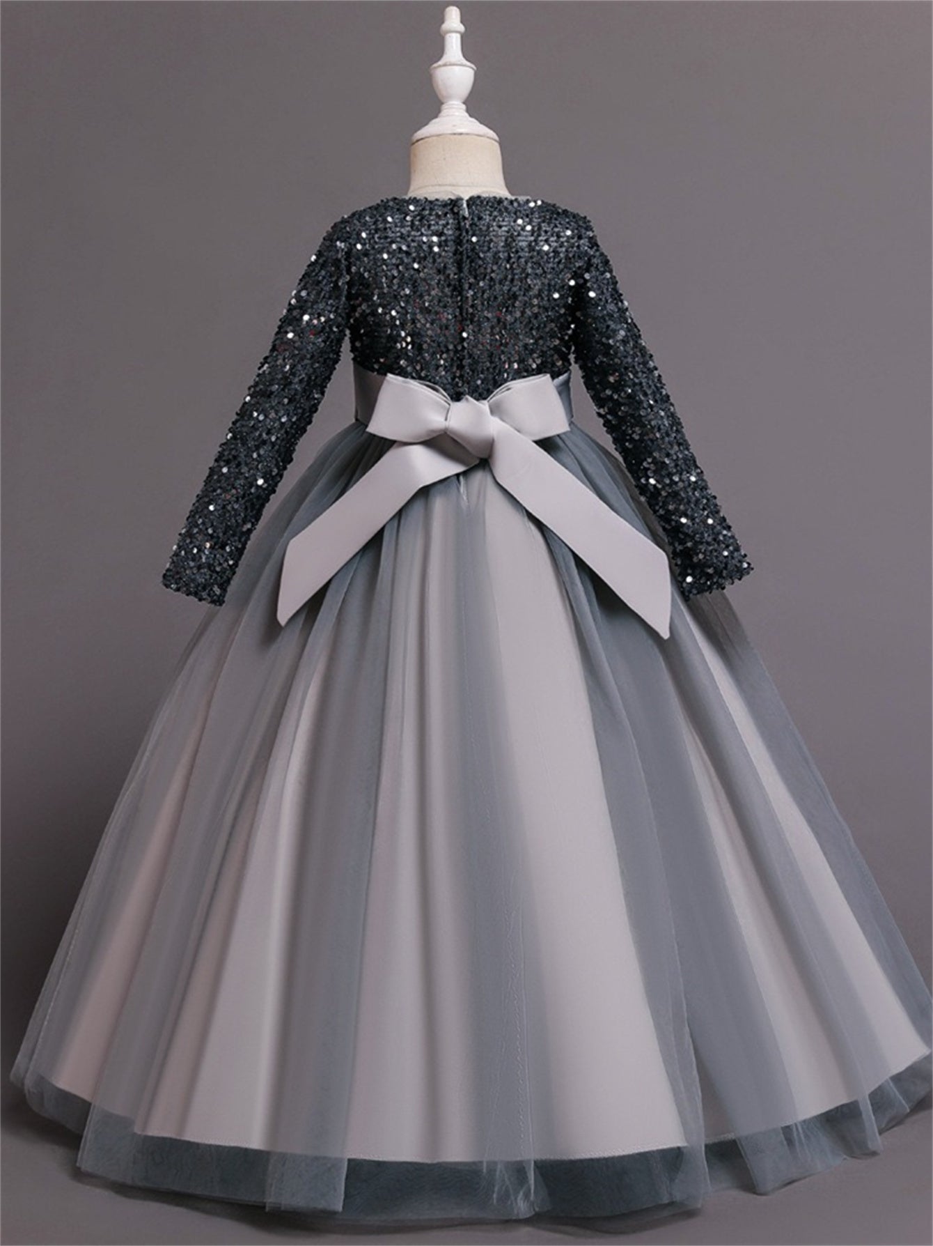 Long dress sequined wedding princess dress small host long sleeve mesh skirt bow dress