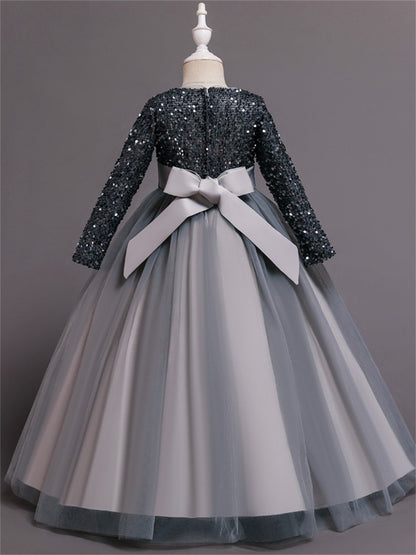 Long dress sequined wedding princess dress small host long sleeve mesh skirt bow dress