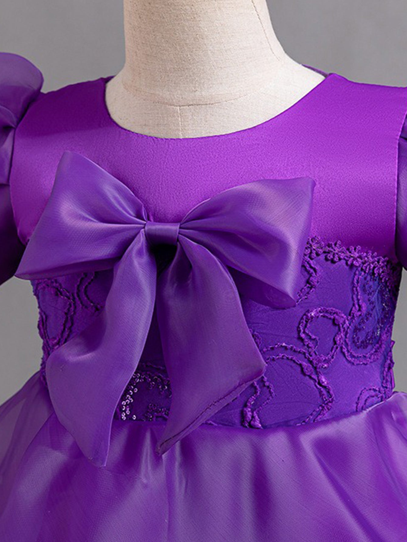 Girls Puff Sleeve Dress Bow Princess Dress