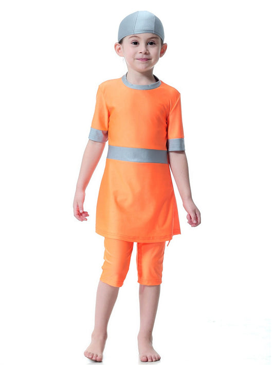 Girls Swimsuit Round Neck Contrast Color Conservative Two-Piece Swimsuit