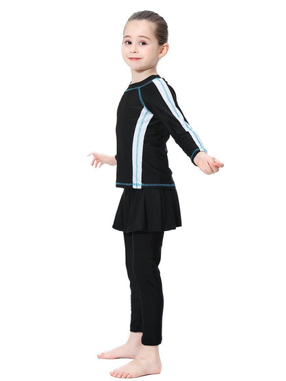 Girls' conservative swimsuit with contrasting colors, long sleeves and long pants, sunscreen two-piece set