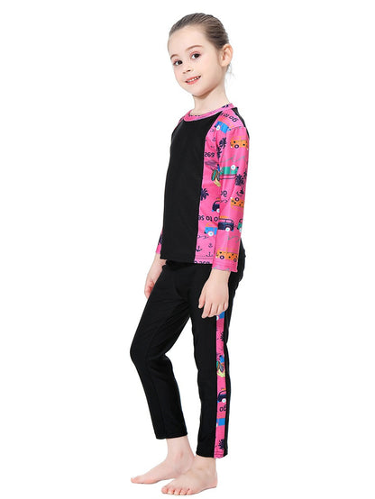 Girls swimsuit with seaside pattern, long sleeves and long pants, conservative sun protection swimsuit