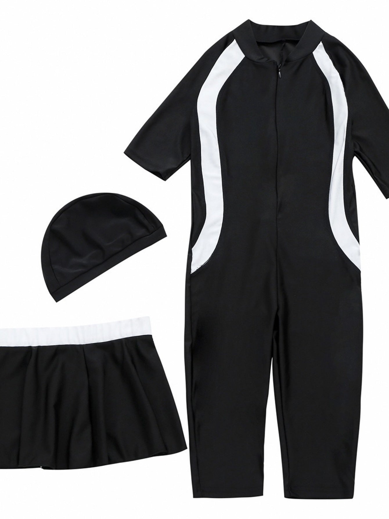 Girls conservative swimsuit top + shorts + hat pink, black, navy blue three-piece set