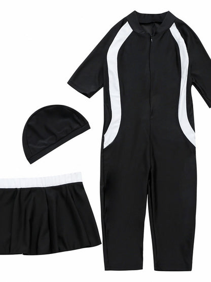 Girls conservative swimsuit top + shorts + hat pink, black, navy blue three-piece set