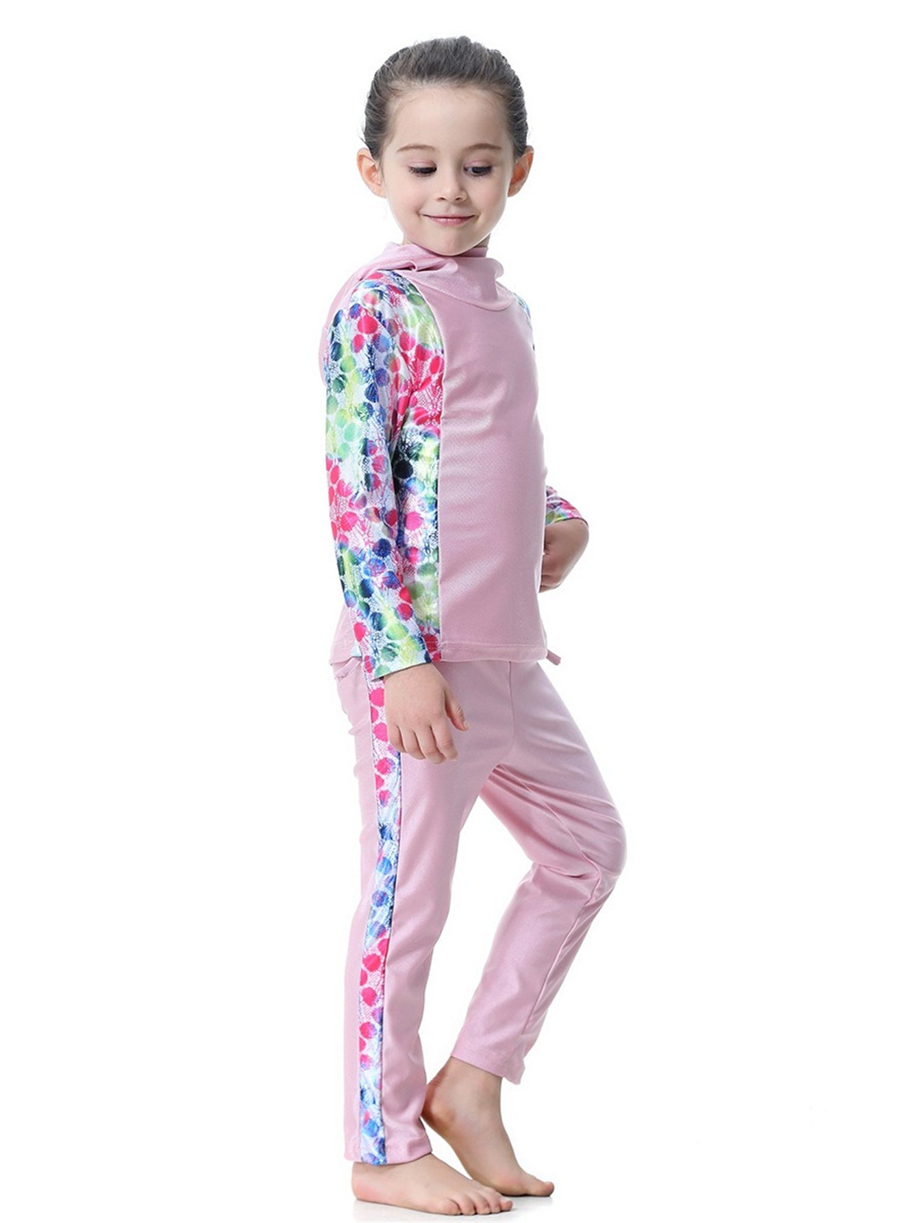 Girls Long Sleeve Splicing Waterproof Hooded Swimsuit Set