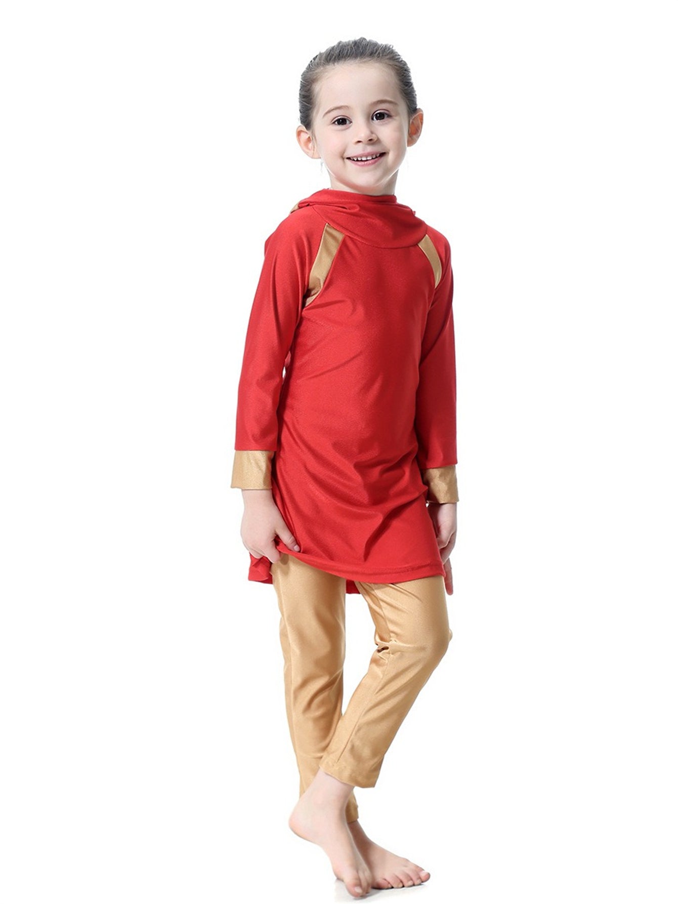 Girls bright color long sleeve long pants hooded sun protection swimsuit set