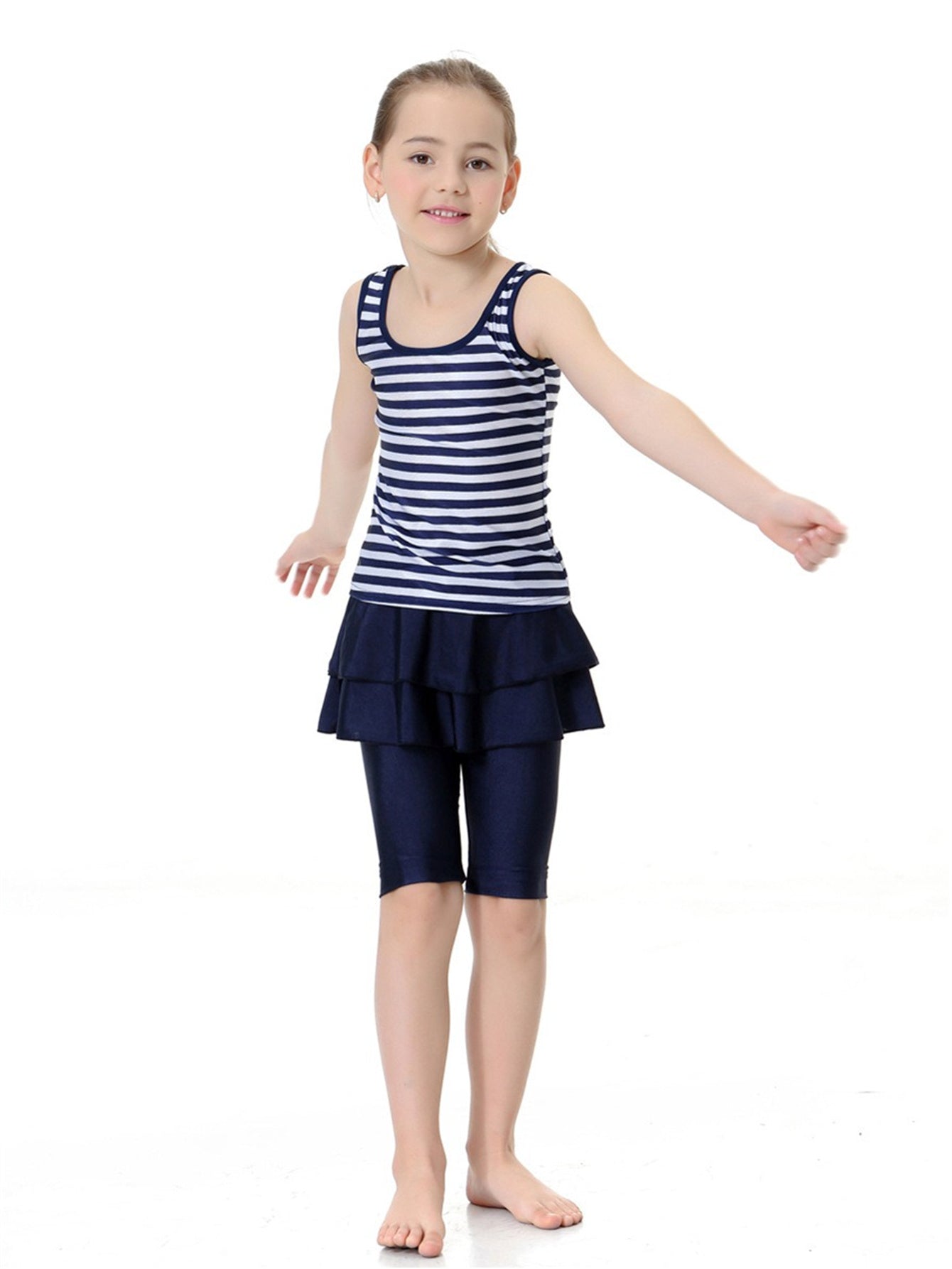 Girls Striped Sleeveless Round Neck Conservative Two-Piece Swimsuit