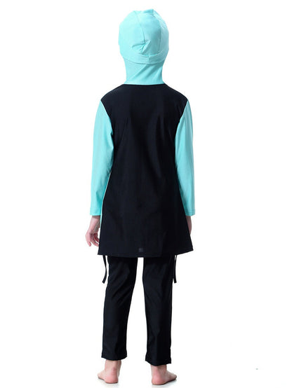 Girls Swimsuit Hooded Contrast Color Long Sleeve Long Pants Sun Protection Swimsuit Set