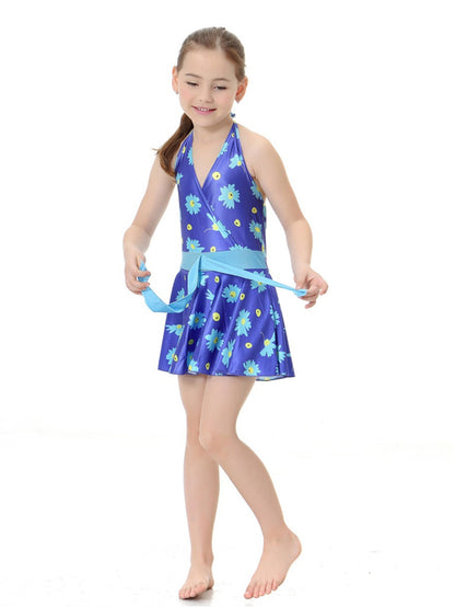 Girls Halter Neck Waist Floral Pattern Conservative Traditional One-Piece Swim Dress