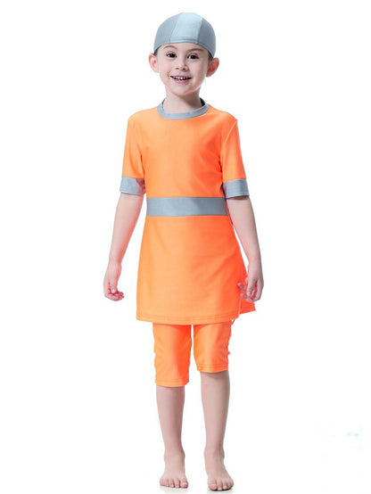 Girls Swimsuit Round Neck Contrast Color Conservative Two-Piece Swimsuit