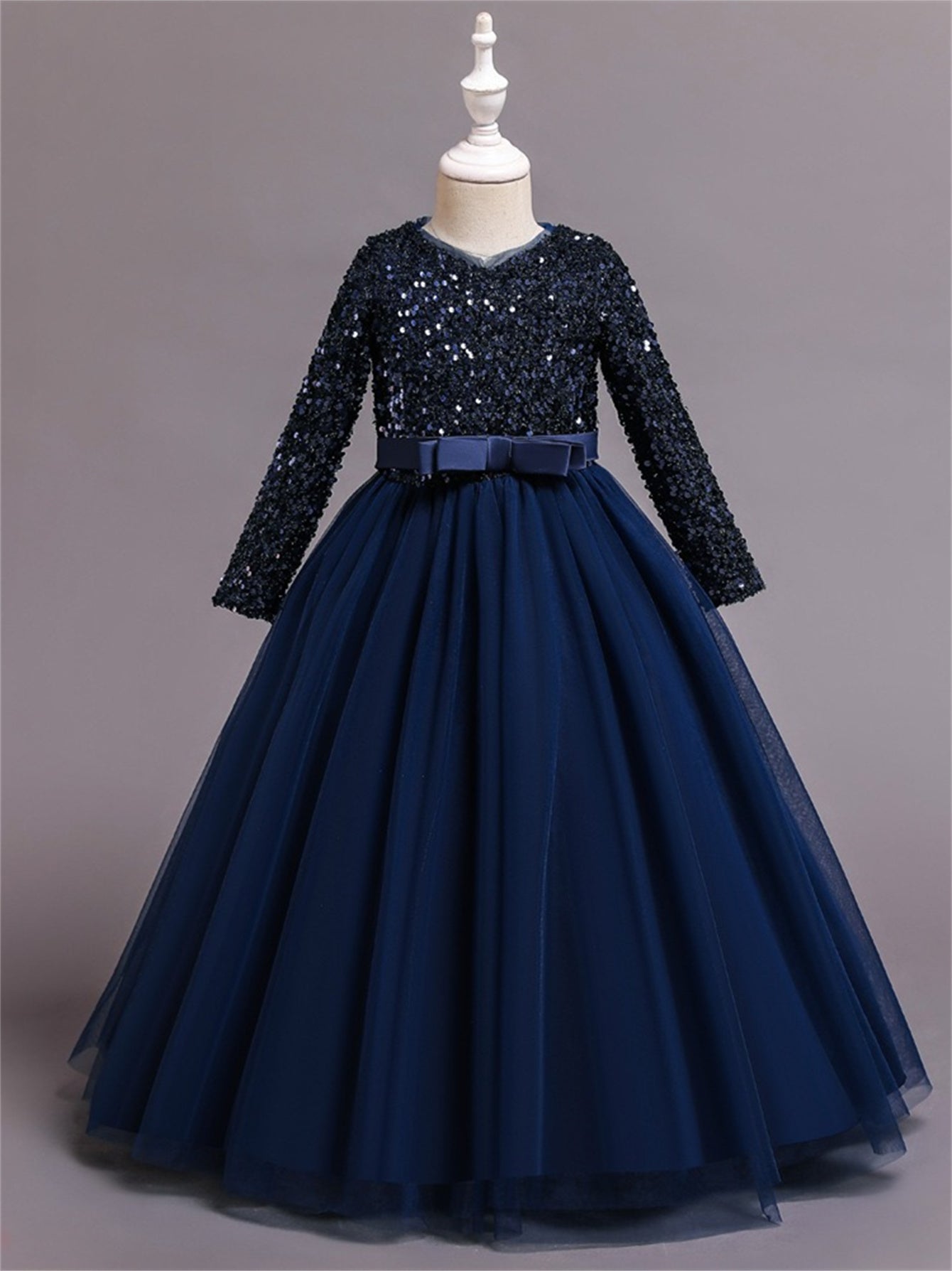 Long dress sequined wedding princess dress small host long sleeve mesh skirt bow dress
