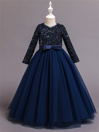 Long dress sequined wedding princess dress small host long sleeve mesh skirt bow dress