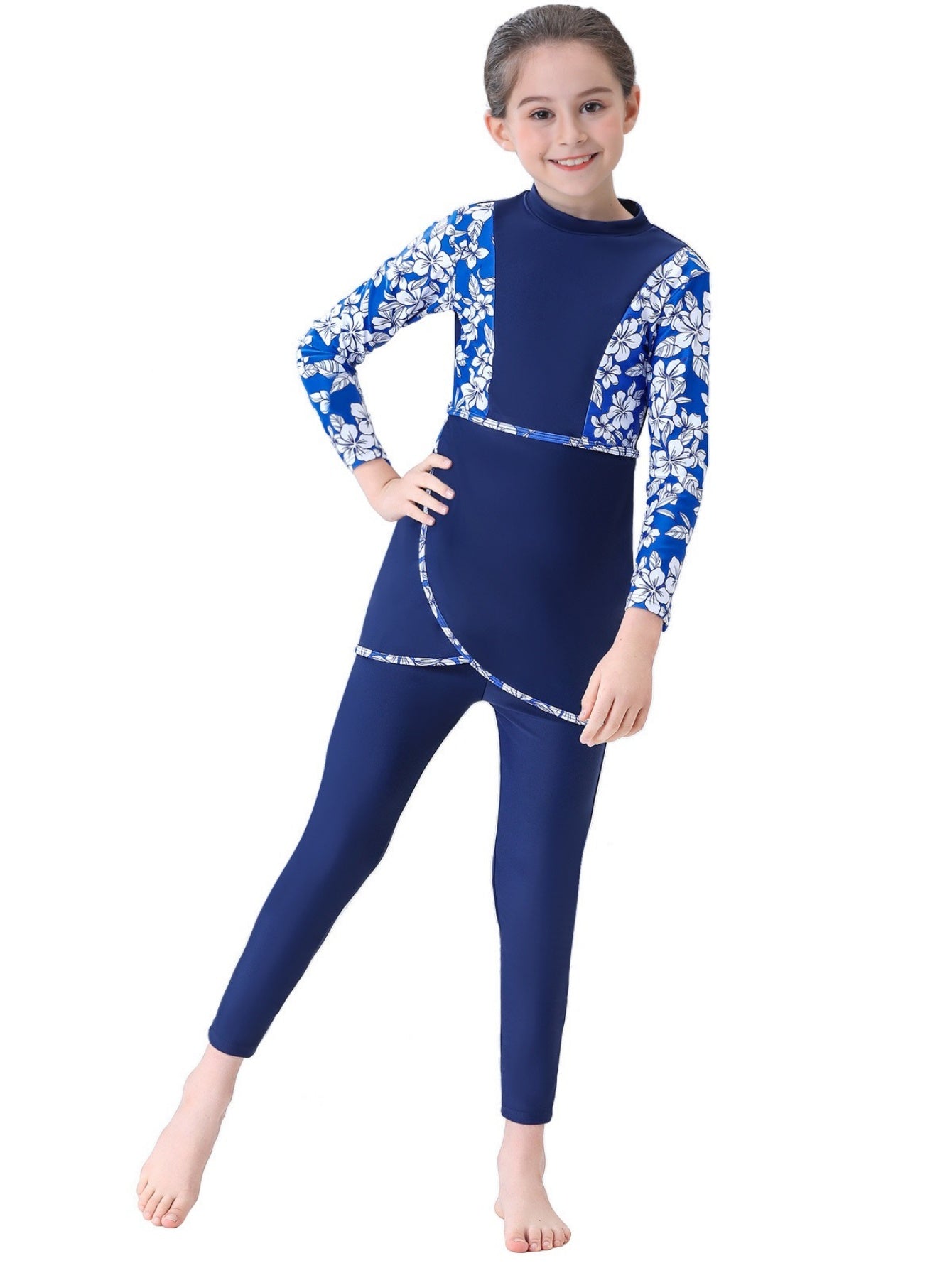 Girls conservative swimsuit bukini children's beach swimsuit long sleeve random print design top + trousers two-piece set