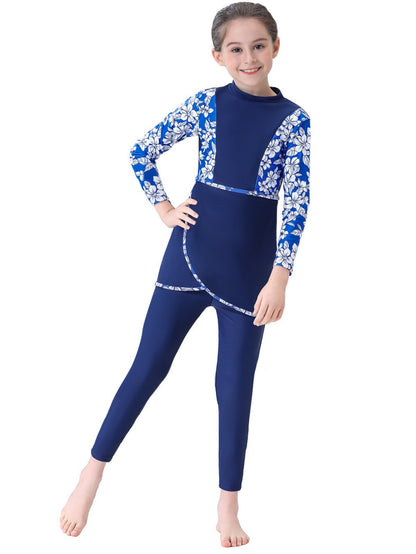 Girls conservative swimsuit bukini children's beach swimsuit long sleeve random print design top + trousers two-piece set
