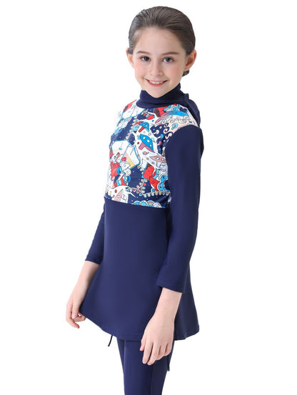Girls conservative swimsuit bukini children's beach swimsuit hooded top with random prints + pants two-piece