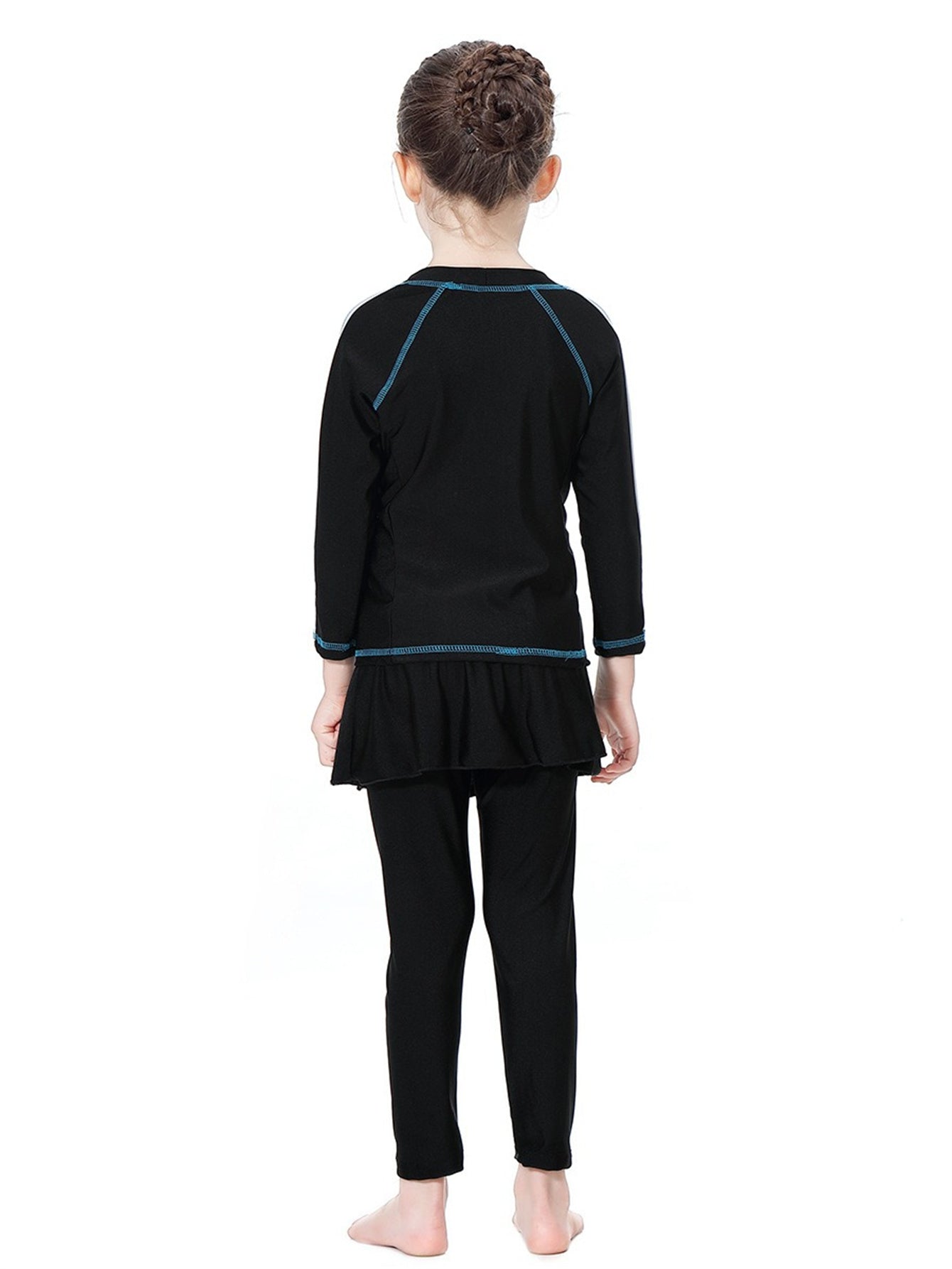 Girls' conservative swimsuit with contrasting colors, long sleeves and long pants, sunscreen two-piece set