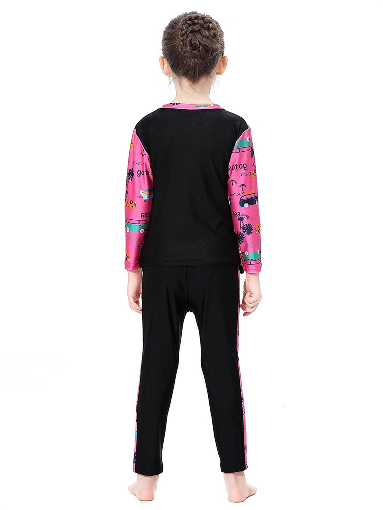 Girls swimsuit with seaside pattern, long sleeves and long pants, conservative sun protection swimsuit