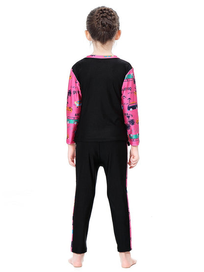 Girls swimsuit with seaside pattern, long sleeves and long pants, conservative sun protection swimsuit