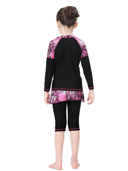Girls Swimwear Tropical Plant Pattern Conservative Three-Piece Swimsuit