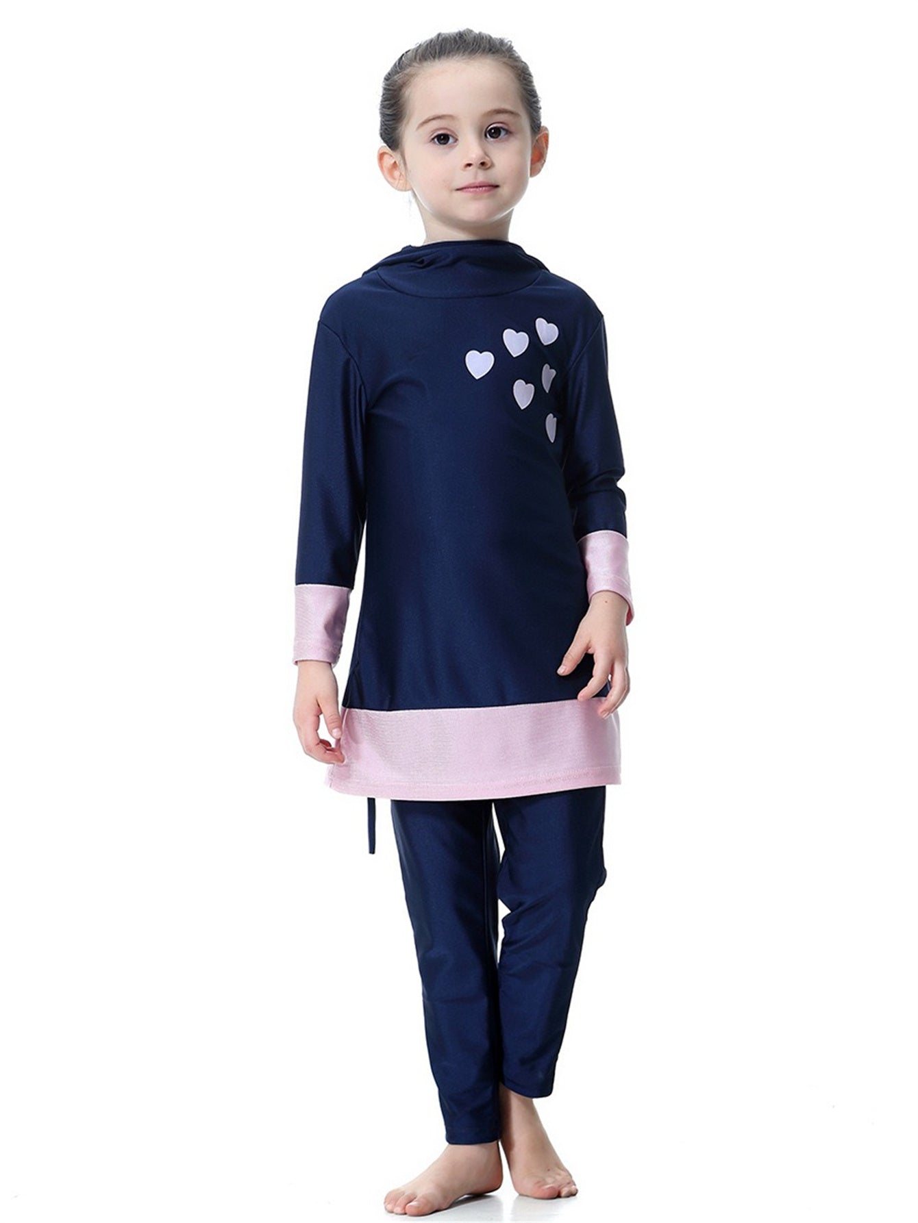 Girls' long-sleeved trousers contrast color heart hooded swimsuit set