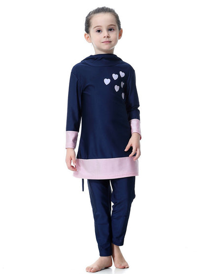 Girls' long-sleeved trousers contrast color heart hooded swimsuit set