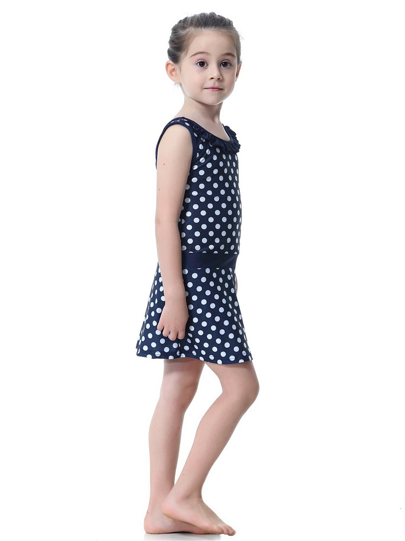 Girls Conservative Lace Polka Dot Multi-Piece Swim Dress