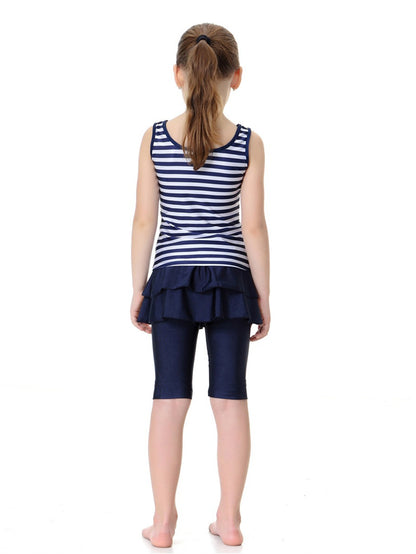 Girls Striped Sleeveless Round Neck Conservative Two-Piece Swimsuit