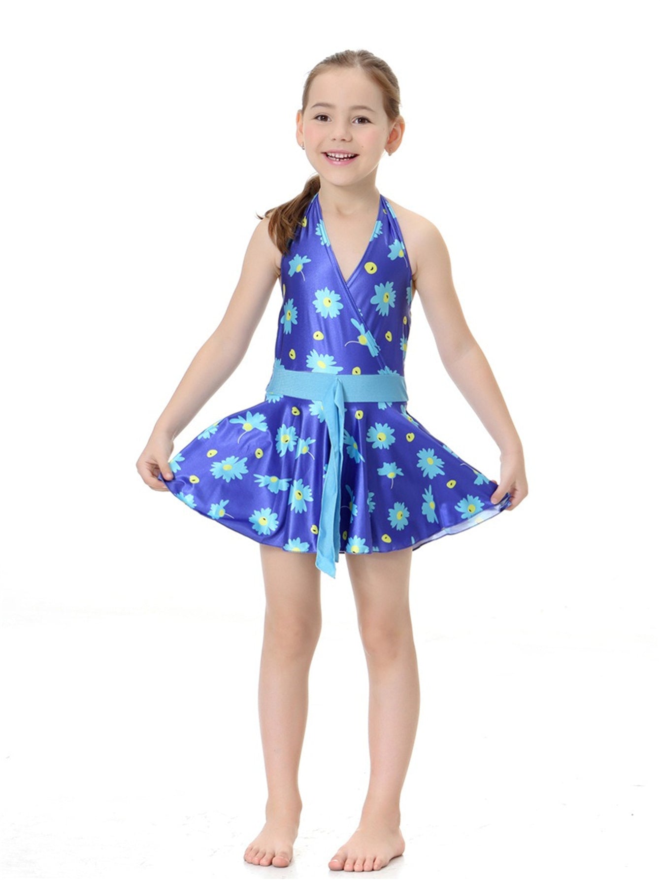 Girls Halter Neck Waist Floral Pattern Conservative Traditional One-Piece Swim Dress