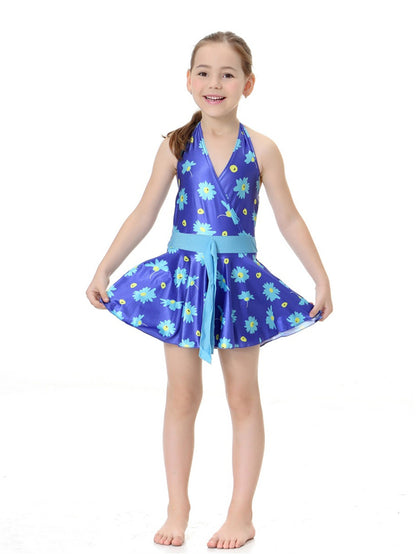 Girls Halter Neck Waist Floral Pattern Conservative Traditional One-Piece Swim Dress