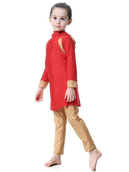 Girls bright color long sleeve long pants hooded sun protection swimsuit set