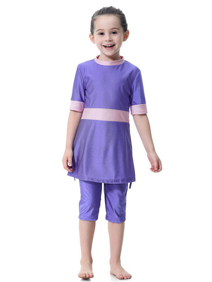 Girls Swimsuit Round Neck Contrast Color Conservative Two-Piece Swimsuit