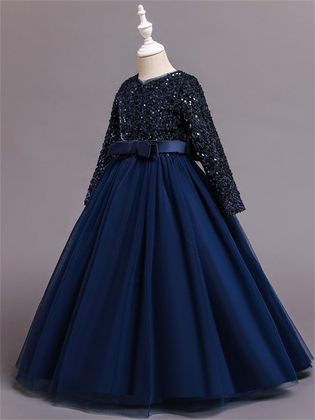 Long dress sequined wedding princess dress small host long sleeve mesh skirt bow dress