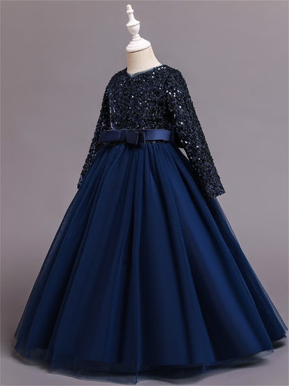 Long dress sequined wedding princess dress small host long sleeve mesh skirt bow dress
